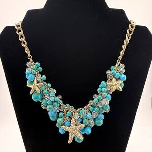 Vintage Starfish Charm Faux Turquoise Beaded Chunky Necklace W/ Gold Tone Chain,